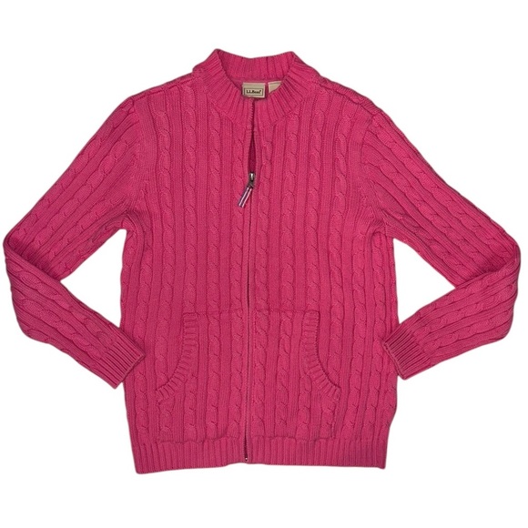 L.L. Bean Sweaters - L.L. Bean Women’s 100% Cotton Pink Cable Knit Full Zip Cardigan Sweater ~ Size L